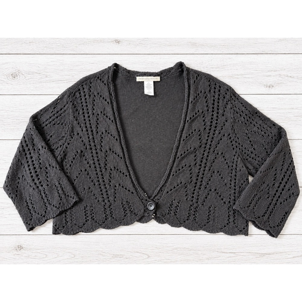 Two-One-Two New York Cardigan Casual Cropped Pointelle Knit Shrug Boho Black 2X